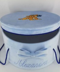 Cutie trusou botez rotunda personalizata, baieti, tematica leu, bleu, 35x35x20 cm